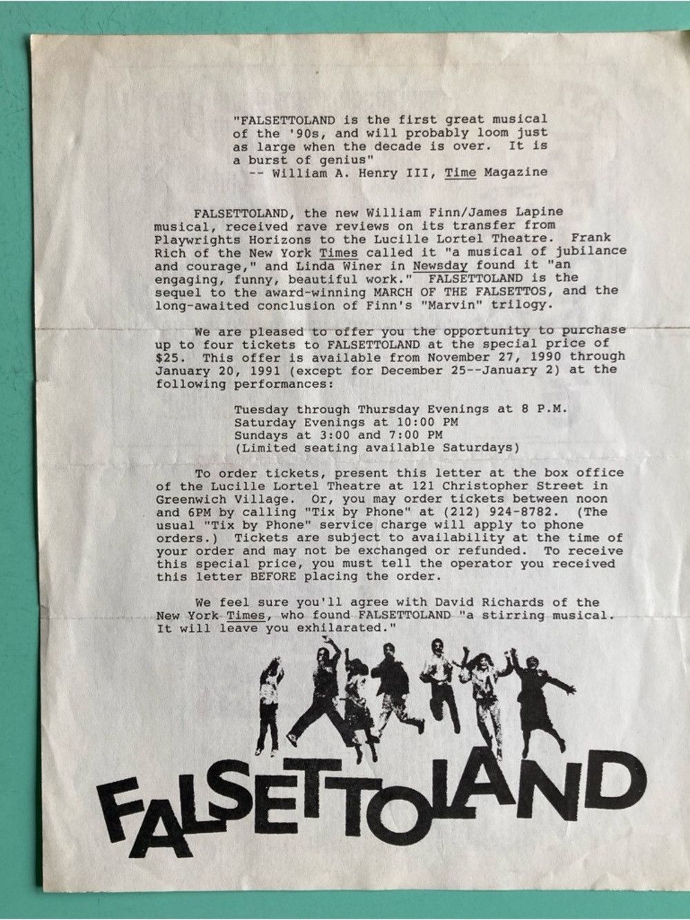 2 Sided Flyer Advertisement FALSETTOLAND 8”X11” 1990 Lucille Lortel Theatre B&W